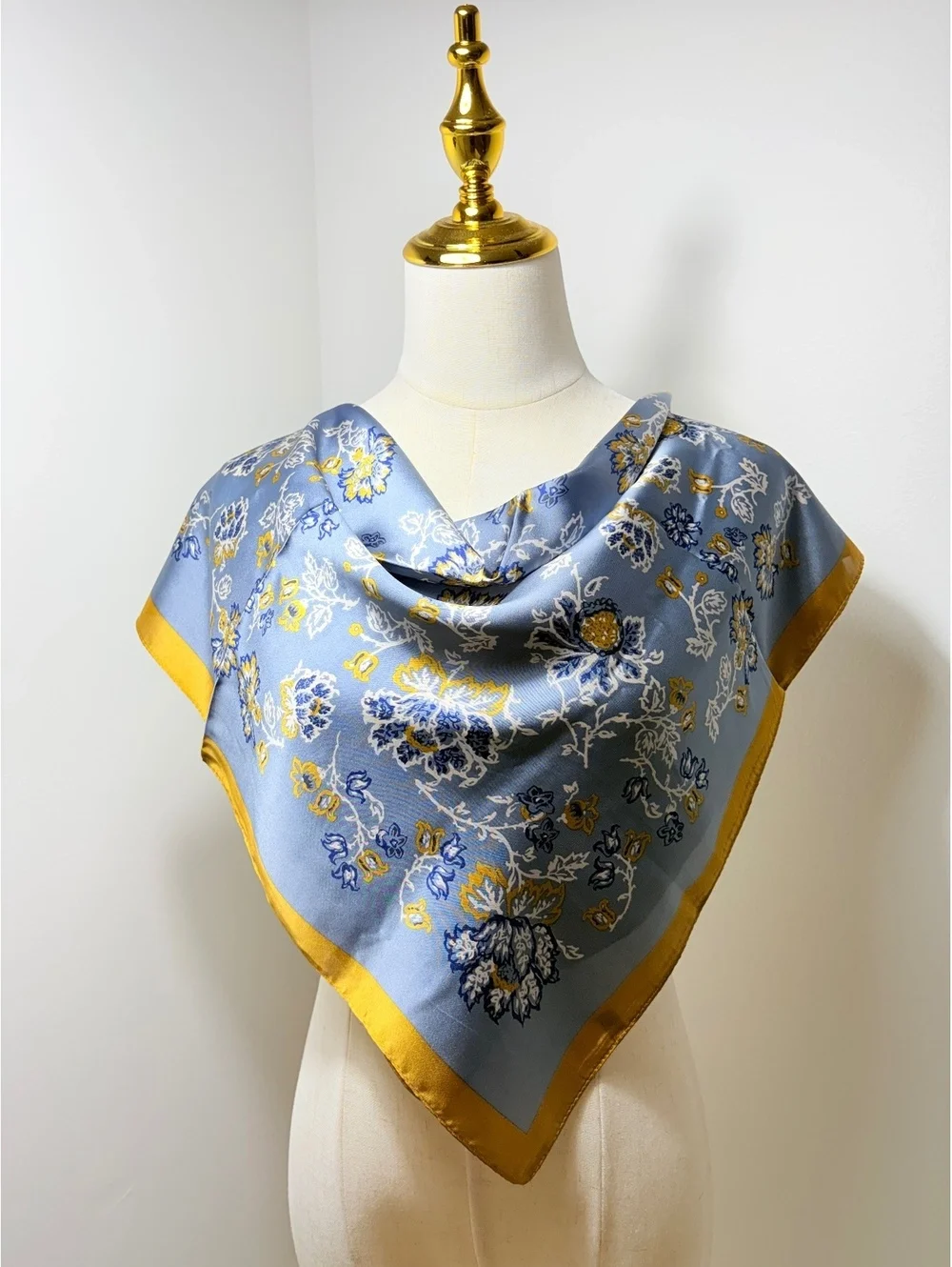 Elegant Blue and Yellow Floral Scarf with Gold Border